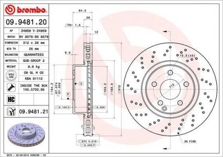 Купить Тормозной диск BREMBO 09.9481.21 (фото1) подбор по VIN коду, цена 3819 грн.