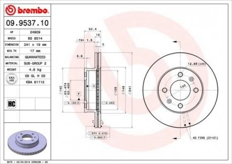 Купить Тормозной диск Hyundai Accent BREMBO 09.9537.10 (фото1) подбор по VIN коду, цена 1749 грн.