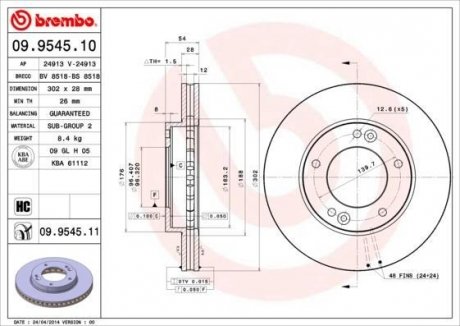 Купити Гальмівний диск KIA Sorento BREMBO 09.9545.10 (фото1) підбір по VIN коду, ціна 2641 грн.