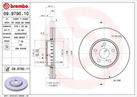 Купить Тормозной диск Toyota Avensis BREMBO 09.9790.11 (фото1) подбор по VIN коду, цена 2597 грн.