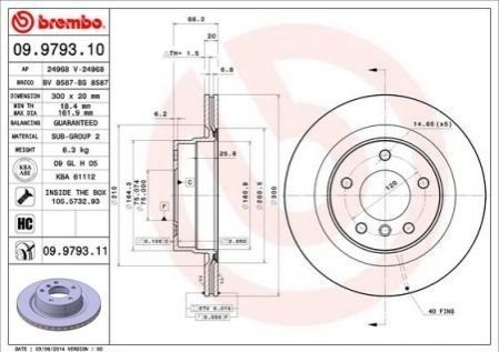 Гальмівний диск BMW E91, E90, F20, E92, E93, E81, E82, E88, F30, F31, E87 BREMBO 09.9793.11