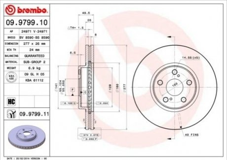 Купить Диск тормозной Toyota Avensis BREMBO 09.9799.10 (фото1) подбор по VIN коду, цена 2116 грн.