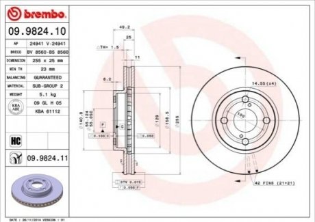 Диск тормозной Toyota Corolla, Prius BREMBO 09.9824.10