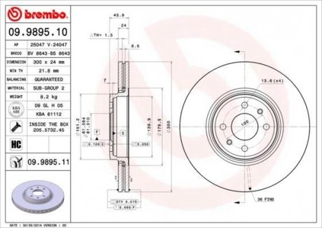 Купити Гальмівний диск Renault Scenic, Grand Scenic BREMBO 09.9895.10 (фото1) підбір по VIN коду, ціна 3265 грн.