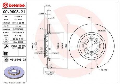 Купити Гальмівний диск Volkswagen Phaeton, Audi A8 BREMBO 09.9908.21 (фото1) підбір по VIN коду, ціна 1985 грн.