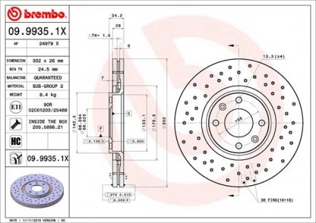 Тормозной диск Peugeot 3008 BREMBO 09.9935.1X