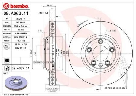 Фото диск гальмівний Porsche Cayenne, Audi Q7, Volkswagen Touareg BREMBO 09A06211 Купити Диск гальмівний Porsche Cayenne, Audi Q7, Volkswagen Touareg BREMBO 09.A062.11 (фото1) підбір по VIN коду, ціна 6735 грн.
