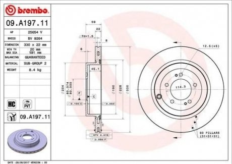 Купить Диск тормозной Mitsubishi Lancer BREMBO 09.A197.11 (фото1) подбор по VIN коду, цена 4365 грн.