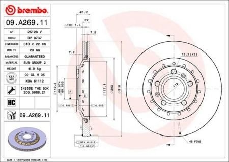 Купить Тормозной диск Volkswagen Phaeton, Audi A8 BREMBO 09.A269.11 (фото1) подбор по VIN коду, цена 2863 грн.