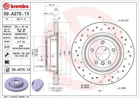 Тормозной диск BMW E91, E90, E93, E92, X1 BREMBO 09.A270.1X