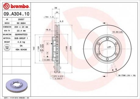 Купить Диск тормозной Mitsubishi L200 BREMBO 09.A304.10 (фото1) подбор по VIN коду, цена 1932 грн.