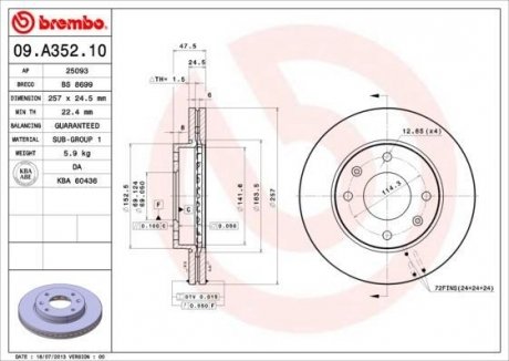 Купить Тормозной диск Hyundai Sonata BREMBO 09.A352.10 (фото1) подбор по VIN коду, цена 2490 грн.