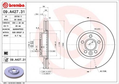 Купить Тормозной диск Volvo V60, V70, S80, XC70, S60 BREMBO 09.A427.31 (фото1) подбор по VIN коду, цена 3586 грн.