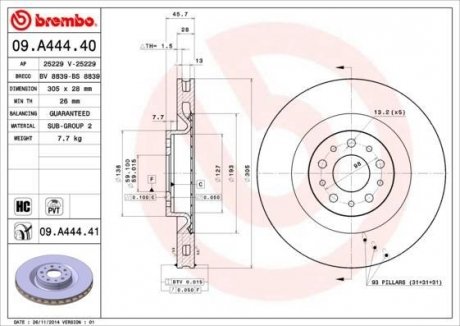 Купити Гальмівний диск Fiat Doblo, Opel Combo, Fiat 500 BREMBO 09.A444.40 (фото1) підбір по VIN коду, ціна 3595 грн.