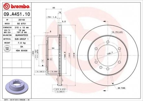 Купить Тормозной диск Nissan Patrol BREMBO 09.A451.10 (фото1) подбор по VIN коду, цена 2779 грн.