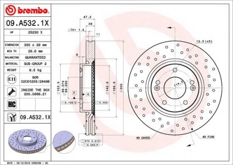 Купить Диск тормозной Hyundai Sonata, KIA Sportage, Hyundai IX35, I40, Tucson, KIA Optima, Carens BREMBO 09.A532.1X (фото1) подбор по VIN коду, цена 3867 грн.