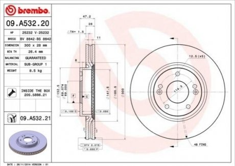 Диск тормозной Hyundai I30, KIA Ceed, Hyundai Veloster, KIA Pro Ceed, Soul BREMBO 09.A532.20