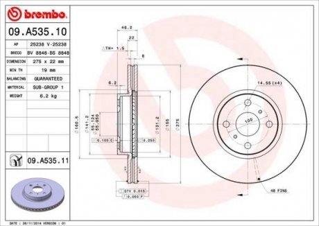 Купити Гальмівний диск Toyota Yaris BREMBO 09.A535.11 (фото1) підбір по VIN коду, ціна 1299 грн.