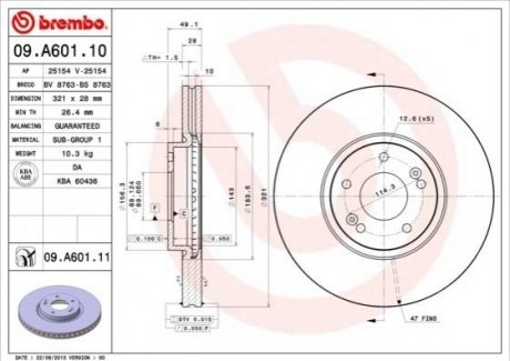 Купить Диск тормозной Hyundai Santa Fe BREMBO 09.A601.10 (фото1) подбор по VIN коду, цена 2838 грн.