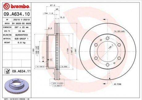 Купить Диск тормозной Toyota Hilux BREMBO 09.A634.10 (фото1) подбор по VIN коду, цена 1986 грн.