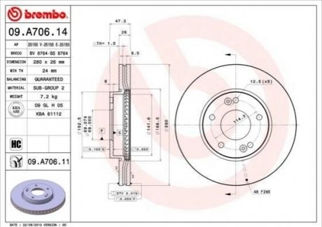 Купить Диск тормозной KIA Carens BREMBO 09.A706.11 (фото1) подбор по VIN коду, цена 2481 грн.