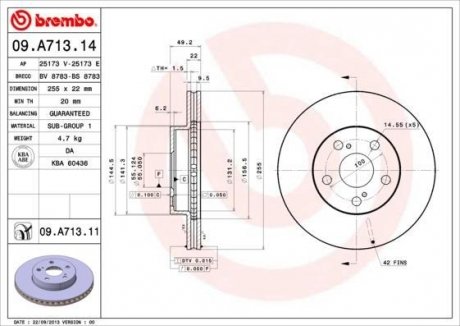 Купити Гальмівний диск Toyota Prius BREMBO 09.A713.11 (фото1) підбір по VIN коду, ціна 2174 грн.