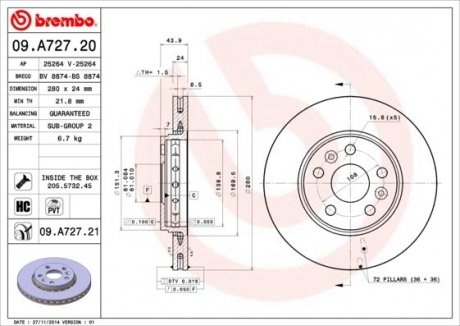 Тормозной диск Renault Kangoo BREMBO 09.A727.21