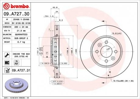 Купити Гальмівний диск Renault Captur BREMBO 09.A727.31 (фото1) підбір по VIN коду, ціна 3207 грн.