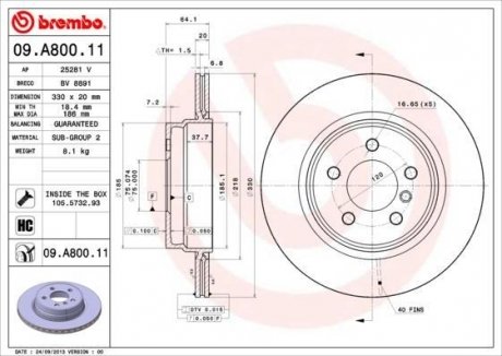 Купити Гальмівний диск BREMBO 09.A800.11 (фото1) підбір по VIN коду, ціна 3769 грн.