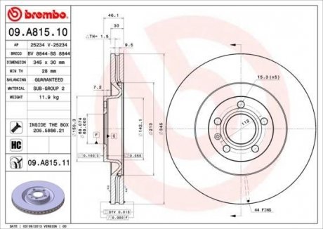 Купить Тормозной диск Audi A4 BREMBO 09.A815.11 (фото1) подбор по VIN коду, цена 4854 грн.