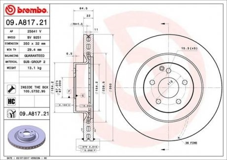 Купить Тормозной диск Mercedes W211, CLS-Class, S211 BREMBO 09.A817.21 (фото1) подбор по VIN коду, цена 5142 грн.