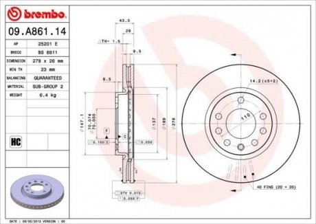 Купить Тормозной диск Opel Corsa BREMBO 09.A861.14 (фото1) подбор по VIN коду, цена 2593 грн.