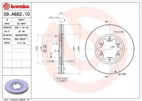 Купити Гальмівний диск BREMBO 09.A862.10 (фото1) підбір по VIN коду, ціна 2446 грн.