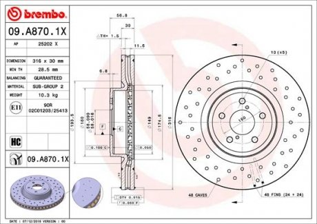 Купить Тормозной диск Subaru Legacy, Outback, Forester BREMBO 09.A870.1X (фото1) подбор по VIN коду, цена 6795 грн.