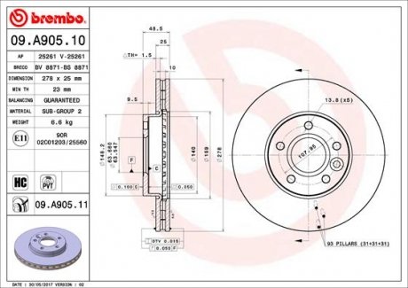 Диск тормозной Volvo V40 BREMBO 09.A905.11