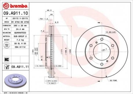 Купити Гальмівний диск Mitsubishi Pajero BREMBO 09.A911.11 (фото1) підбір по VIN коду, ціна 3006 грн.