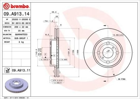 Купить Тормозной диск Toyota Yaris BREMBO 09.A913.14 (фото1) подбор по VIN коду, цена 1982 грн.