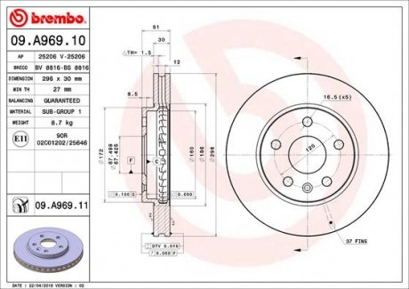 Купить Тормозной диск SAAB 9-5, Opel Insignia, Chevrolet Malibu BREMBO 09.A969.11 (фото1) подбор по VIN коду, цена 3687 грн.