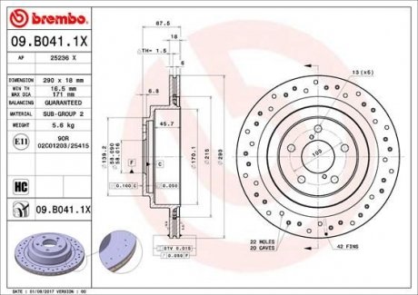 Тормозной диск Subaru Forester, Impreza, Outback, Legacy BREMBO 09.B041.1X