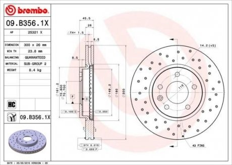 Купити Гальмівний диск Opel Astra, Chevrolet Cruze, Opel Zafira BREMBO 09.B356.1X (фото1) підбір по VIN коду, ціна 5944 грн.