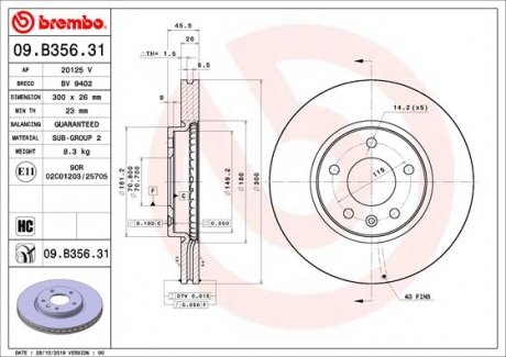 Купить Тормозной диск BREMBO 09.B356.31 (фото1) подбор по VIN коду, цена 3743 грн.