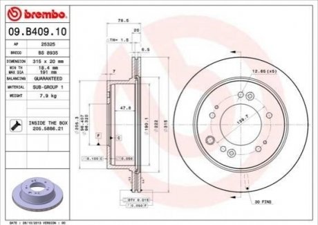 Купить Диск тормозной KIA Sorento BREMBO 09.B409.10 (фото1) подбор по VIN коду, цена 2620 грн.