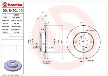 Купить Тормозной диск BREMBO 09.B492.10 (фото1) подбор по VIN коду, цена 1924 грн.