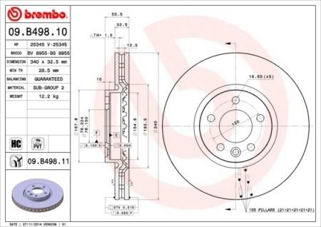 Купить Тормозной диск Volkswagen Transporter, Multivan BREMBO 09.B498.11 (фото1) подбор по VIN коду, цена 4332 грн.