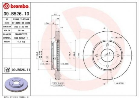 Купить Диск тормозной Nissan Tiida BREMBO 09.B526.11 (фото1) подбор по VIN коду, цена 1304 грн.