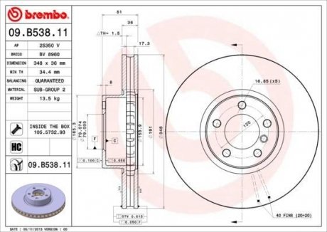 Купити Гальмівний диск BMW E65, E66 BREMBO 09.B538.11 (фото1) підбір по VIN коду, ціна 3981 грн.