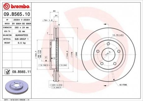 Купити Гальмівний диск Nissan Juke BREMBO 09.B565.10 (фото1) підбір по VIN коду, ціна 2686 грн.