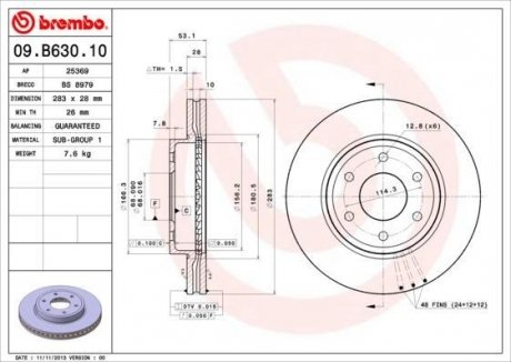 Купити Гальмівний диск Nissan Navara BREMBO 09.B630.10 (фото1) підбір по VIN коду, ціна 2869 грн.