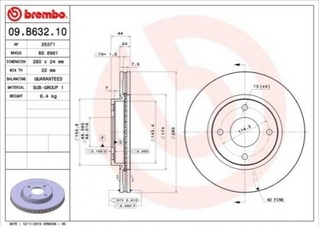 Купить Диск тормозной Nissan Tiida BREMBO 09.B632.10 (фото1) подбор по VIN коду, цена 1612 грн.
