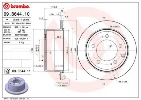 Купити Гальмівний диск Toyota Land Cruiser BREMBO 09.B644.11 (фото1) підбір по VIN коду, ціна 2815 грн.